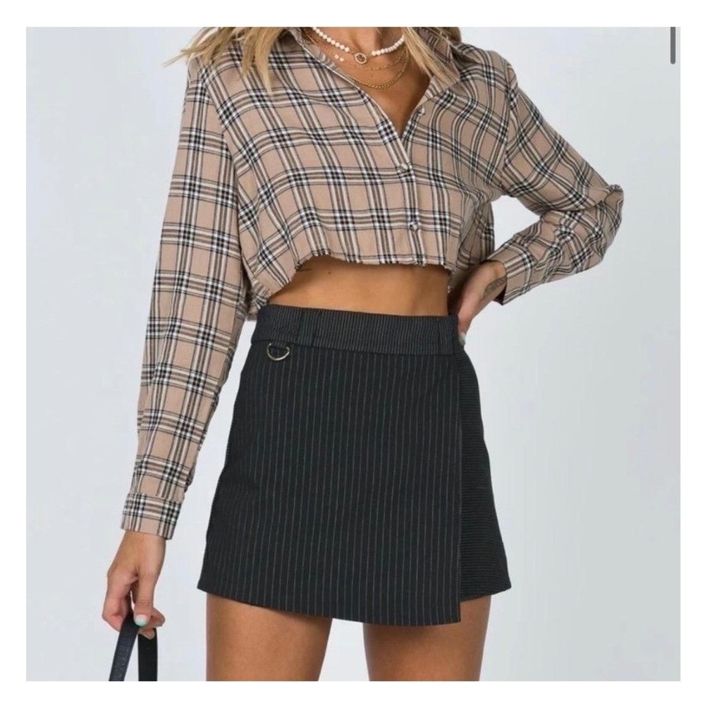 Princess Polly Black Everly Pinstripe Skort Asymmetrical Wrap Front D-Ring 6